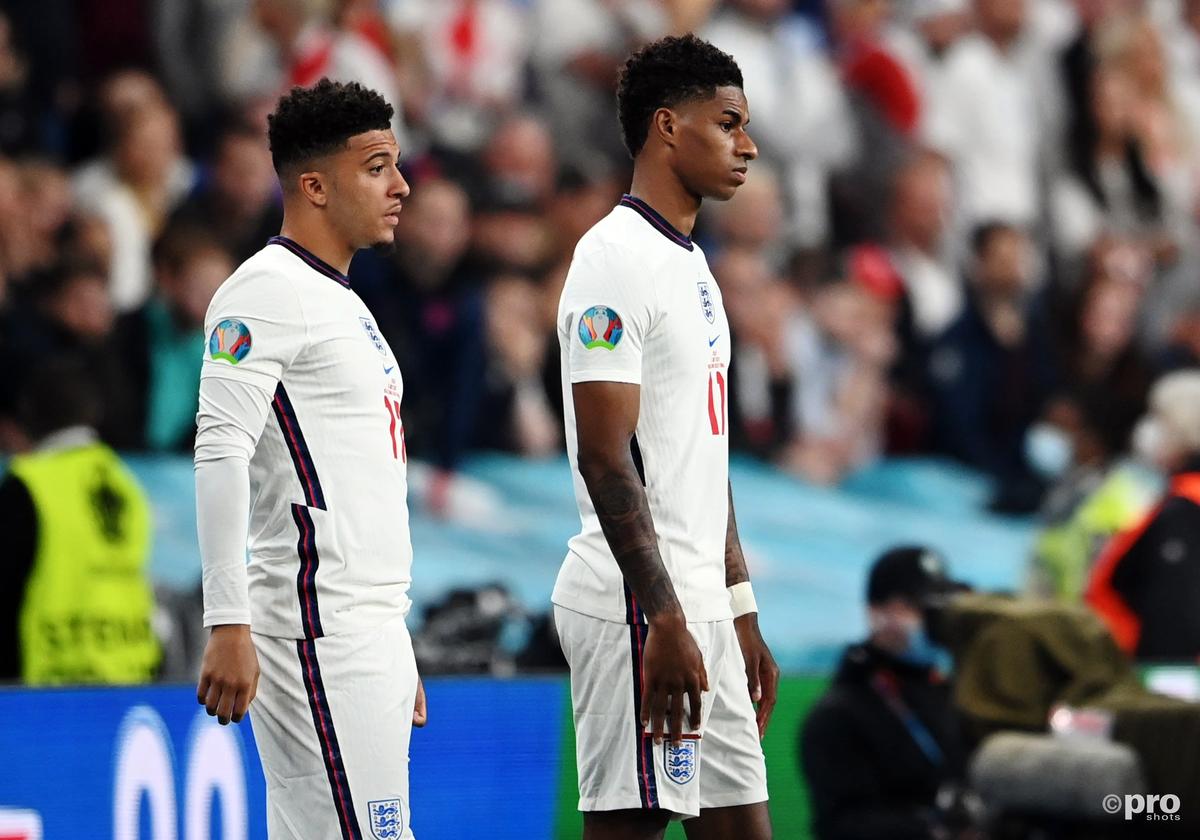 Jadon Sancho and Marcus Rashford prepare to come on for England in the Euro 2020 final against Italy at Wembley