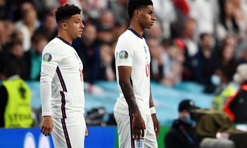Jadon Sancho and Marcus Rashford prepare to come on for England in the Euro 2020 final against Italy at Wembley