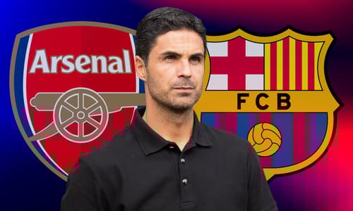 Mikel Arteta, the Arsenal and Barcelona badges on a blue and red abstract background