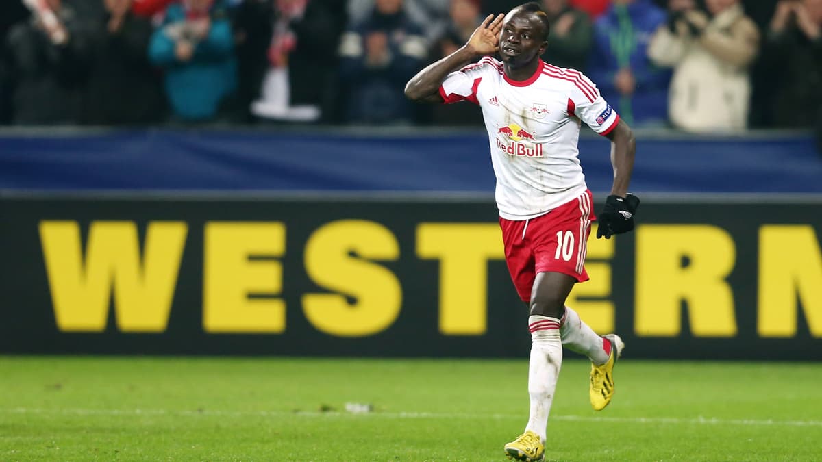 Sadio Mane celebrates a goal for Salzburg