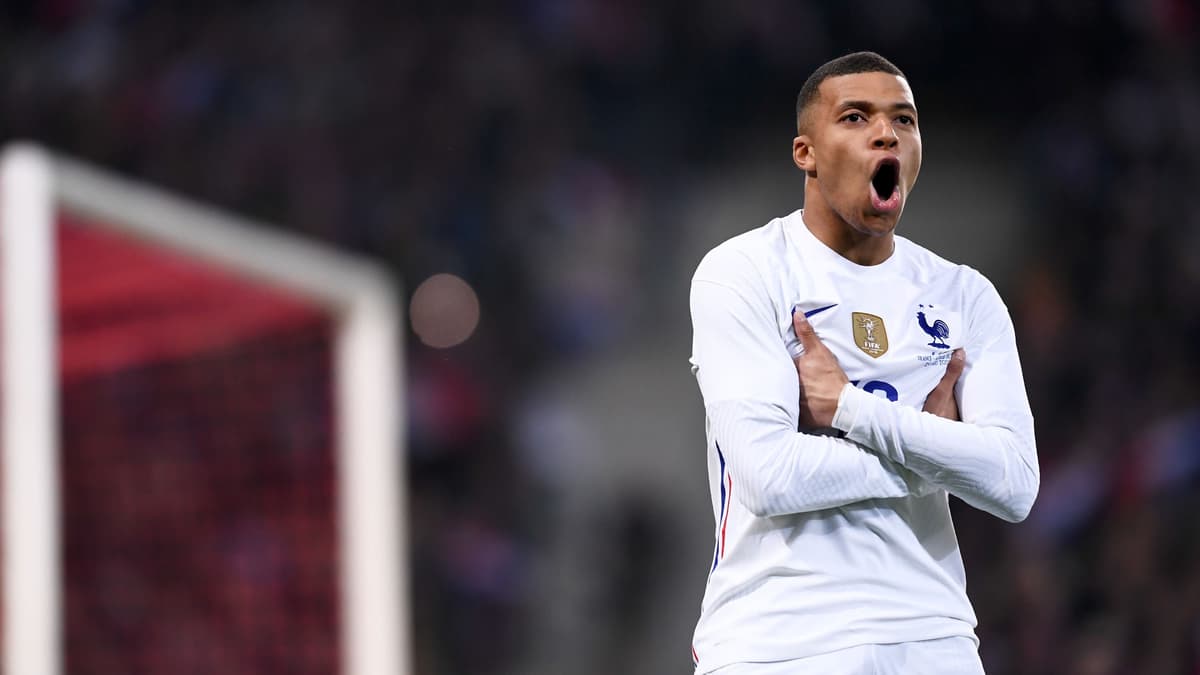 Kylian Mbappe celebrates scoring for France against South Africa