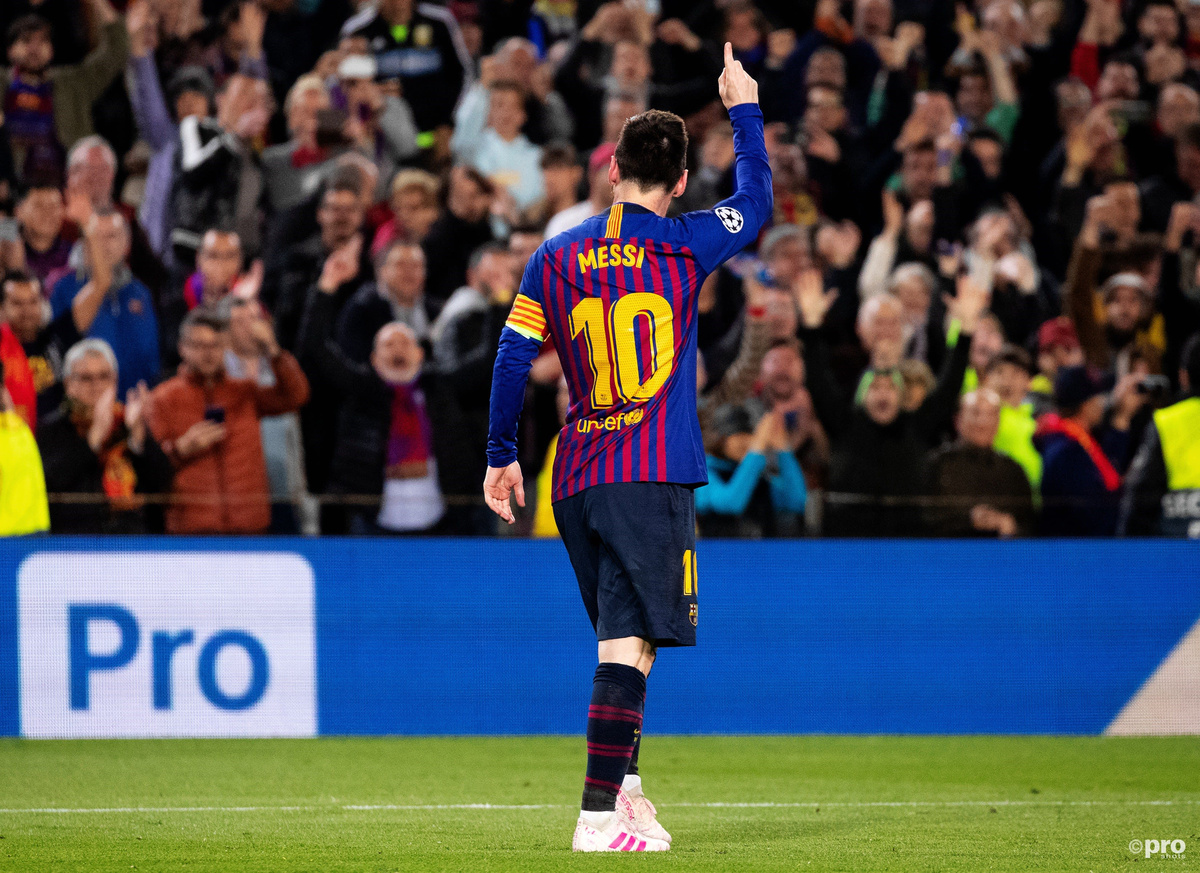 Lionel Messi celebrates scoring a spectacular goal for Barcelona against Liverpool in the Champions League semi-final first leg in 2019 against Liverpool at the Camp Nou.
