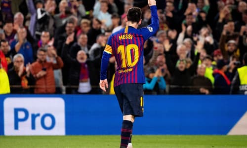 Lionel Messi celebrates scoring a spectacular goal for Barcelona against Liverpool in the Champions League semi-final first leg in 2019 against Liverpool at the Camp Nou.