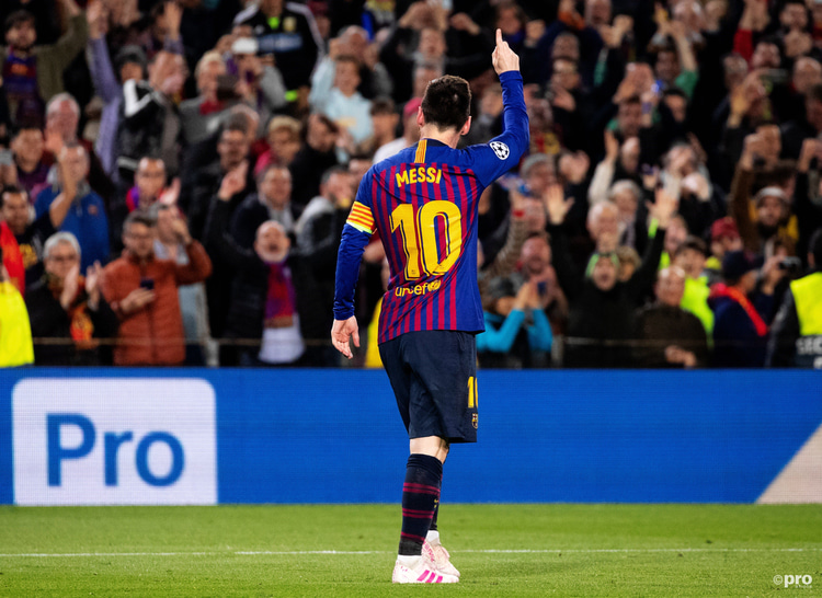 Lionel Messi celebrates scoring a spectacular goal for Barcelona against Liverpool in the Champions League semi-final first leg in 2019 against Liverpool at the Camp Nou.