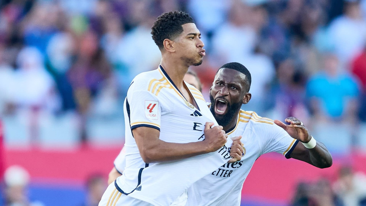 Jude Bellingham celebrates scoring for Real Madrid vs Barcelona, 2023/24