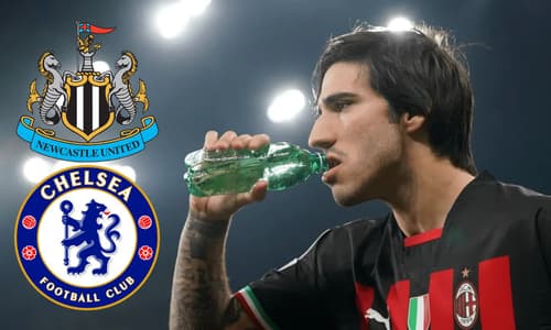 Sandro Tonali with Chelsea and Newcastle badges