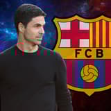 Mikel Arteta and the Barcelona badge on a blue and red abstract background