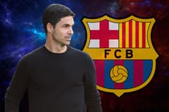 Mikel Arteta and the Barcelona badge on a blue and red abstract background