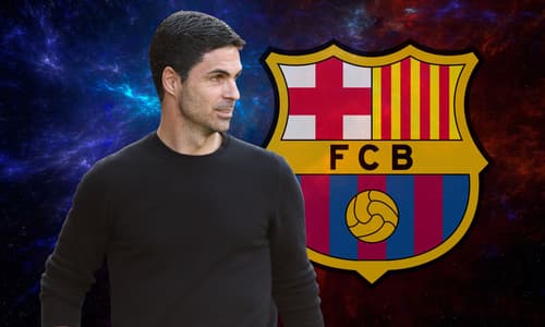 Mikel Arteta and the Barcelona badge on a blue and red abstract background