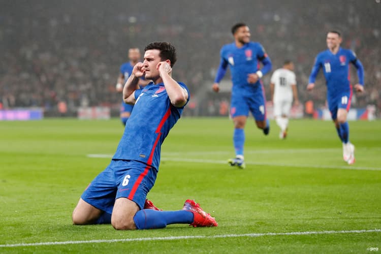 Harry Maguire celebrates after scoring for England against San Marino