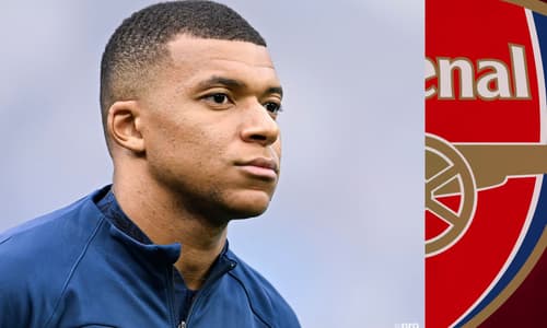 Kylian Mbappe and the Arsenal badge on a red abstract background