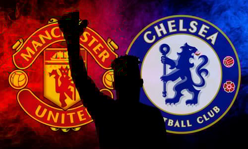 A black silhouette of Andre Onana in front of the Manchester United and Chelsea badges, set against an abstract red and blue background