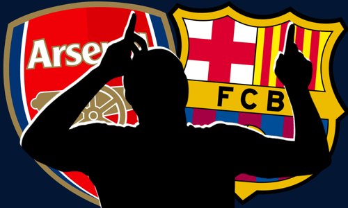 Vitor Roque's silhouette in front of Arsenal and Barcelona crests