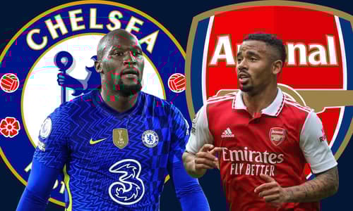 Romelu Lukaku and Gabriel Jesus in front of the Chelsea and Arsenal badges on a plain dark blue background