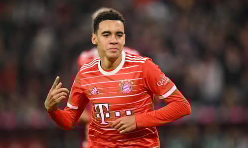 Jamal Musiala in action with Bayern Munich.