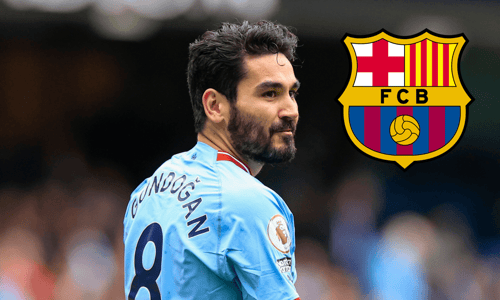 Ilkay Gundogan of Manchester City, next to the Barcelona badge