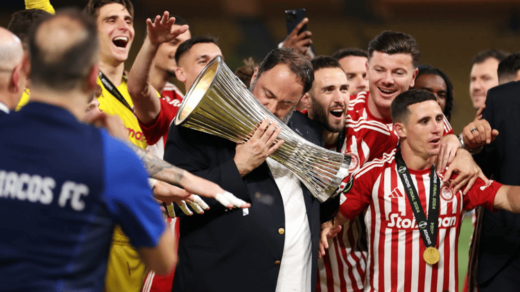 Evangelos Marinakis and Olympiacos after their Conference League triumph