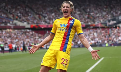 Chelsea loanee Conor Gallagher celebrates scoring for Crystal Palace against West Ham