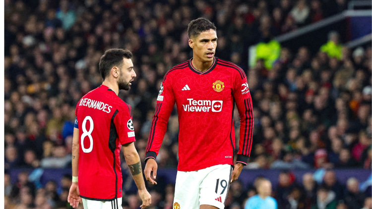 Bruno Fernandes and Raphael Varane react as Man Utd lose to Bayern Munich