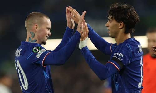 Chelsea's Mykhailo Mudryk and Joao Felix celebrate a Conference League goal against Noah