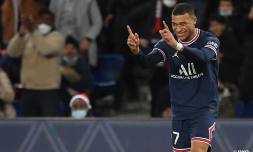Kylian Mbappe celebrates after scoring for PSG v Monaco