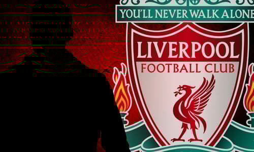 A silhouette of James Ward-Prowse next to the Liverpool badge, set against a red and black abstract background