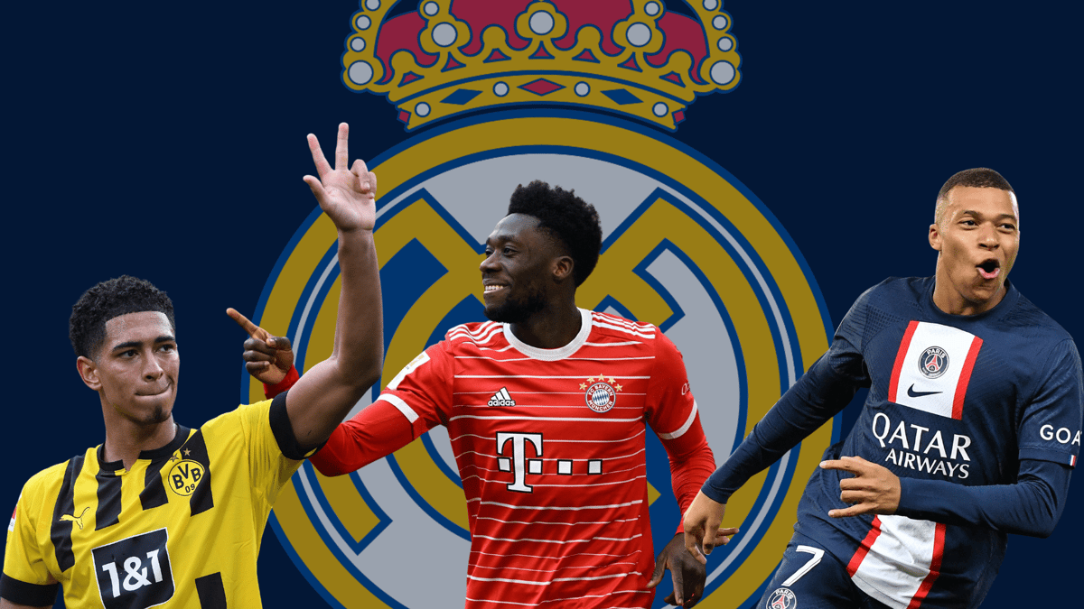 Jude Bellingham, Alphonso Davies and Kylian Mbappe in front of the Real Madrid badge