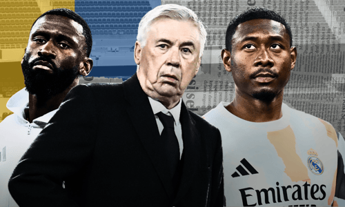 Carlo Ancelotti, Antonio Rudiger and David Alaba