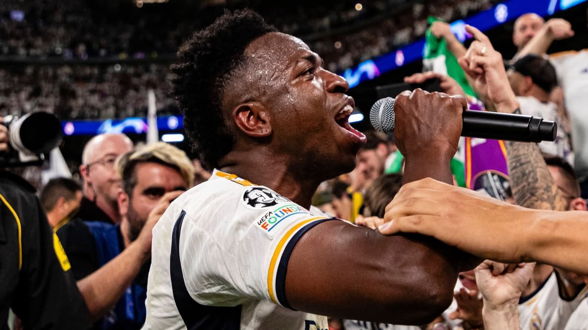 Vinicius Junior celebrates after Real Madrid beat Bayern Munich to reach the 2023/24 Champions League final
