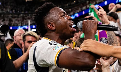Vinicius Junior celebrates after Real Madrid beat Bayern Munich to reach the 2023/24 Champions League final