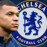Kylian Mbappe and the Chelsea badge on a blue abstract background