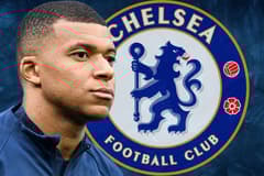 Kylian Mbappe and the Chelsea badge on a blue abstract background