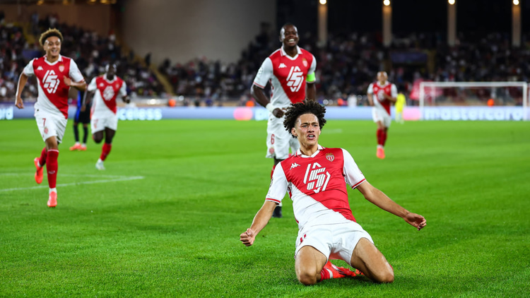 Mahgnes Akliouche celebrates scoring for Monaco against Barcelona, Champions League, 2024/25