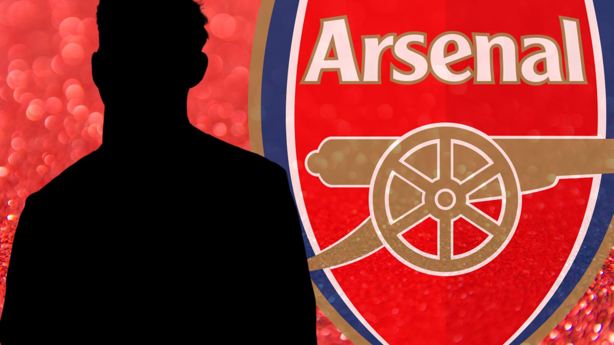 A silhouette of Emile Smith Rowe next to the Arsenal badge, on a red abstract background