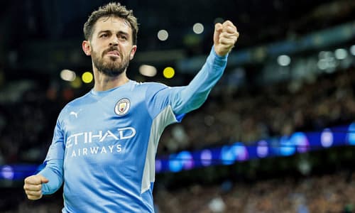 Bernardo Silva celebrates a goal for Manchester City.