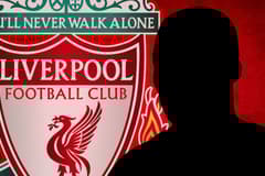 A silhouette of Moises Caicedo and the Liverpool badge on a red abstract background
