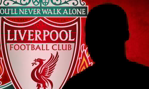 A silhouette of Moises Caicedo and the Liverpool badge on a red abstract background