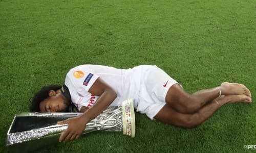 Jules Kounde celebrates winning the 2020 Europa League title