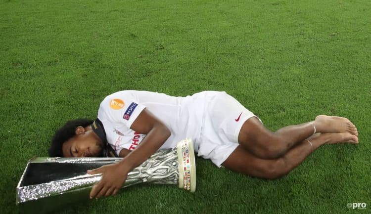 Jules Kounde celebrates winning the 2020 Europa League title