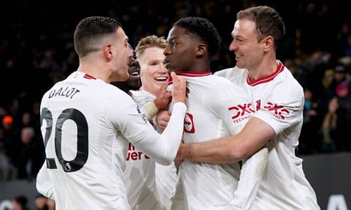 Kobbie Mainoo celebrates scoring for Man Utd against Wolves, Premier League, 2023/24