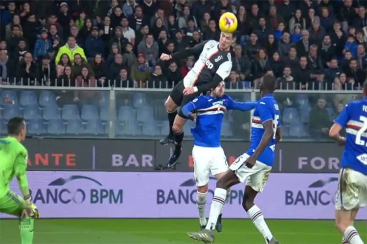 Cristiano Ronaldo with an iconic header while playing for Juventus against Sampdoria in Serie A