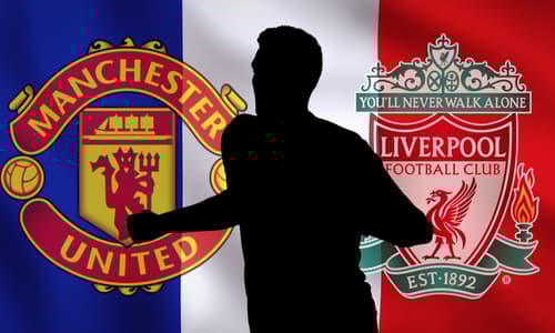 A silhouette of Bayern Munich defender Benjamin Pavard in front of the Manchester United and Liverpool badges, set against a background of the French flag