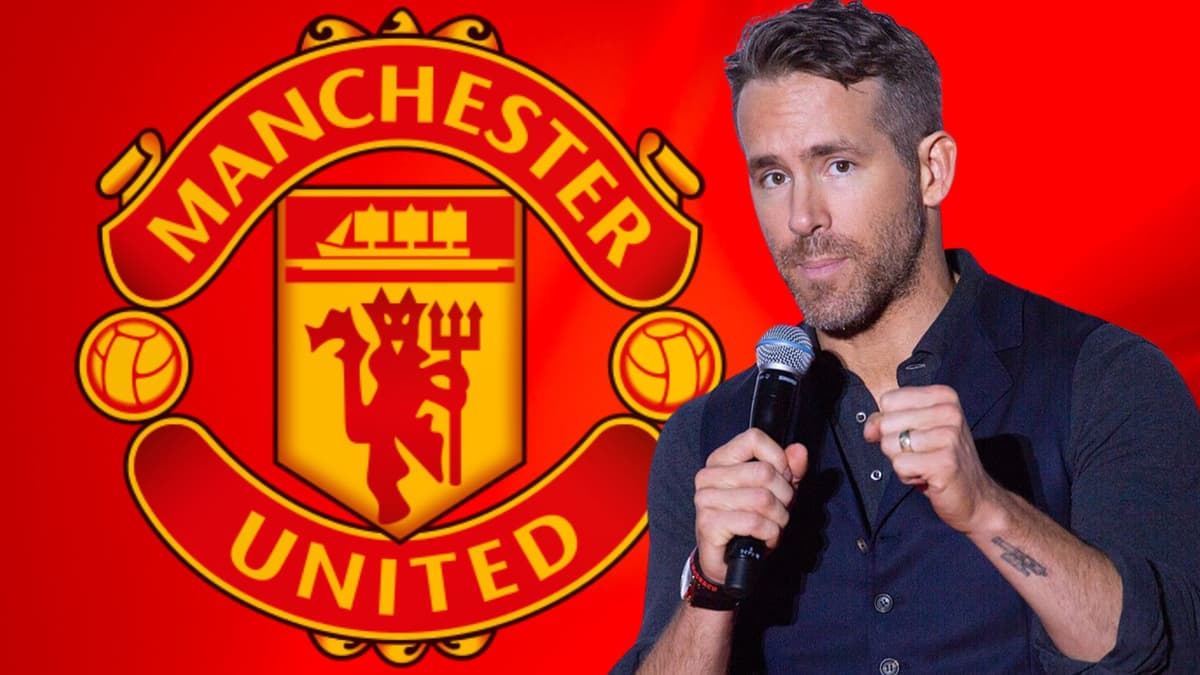 Ryan Reynolds and the Manchester United badge on a red abstract background