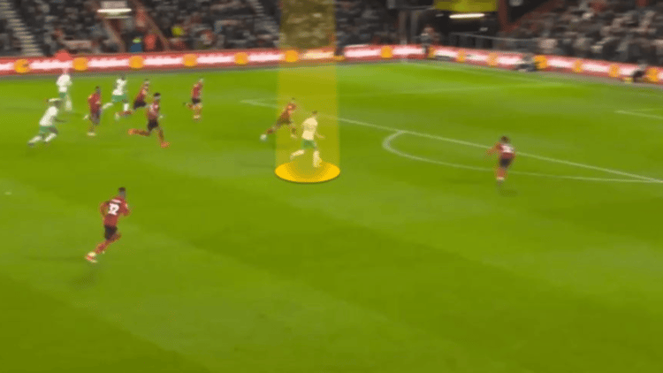 The decision to pass instead of dribble sees Sean Longstaff forge a chance