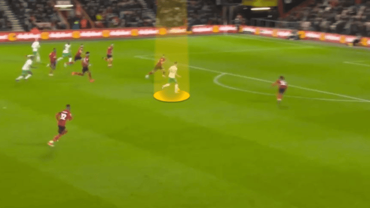 The decision to pass instead of dribble sees Sean Longstaff forge a chance