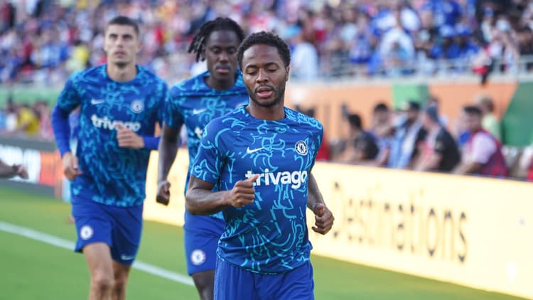 Raheem Sterling warms up before Chelsea play on their 2022 summer tour