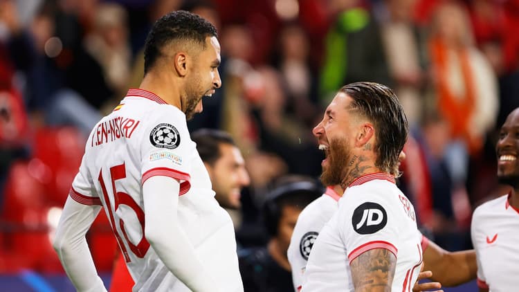 Youssef En Nesyri and Sergio Ramos celebrate a Champions League goal