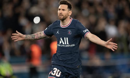 Lionel Messi celebrates after scoring twice vs RB Leipzig