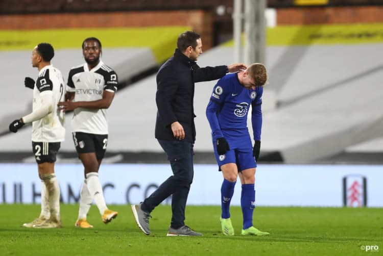 Frank Lampard consoles Timo Werner after his late miss in the Fulham win