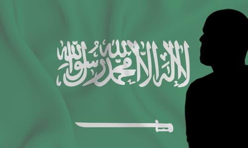 A silhouette of Antonio Mateu Lahoz with the Saudi Arabian flag